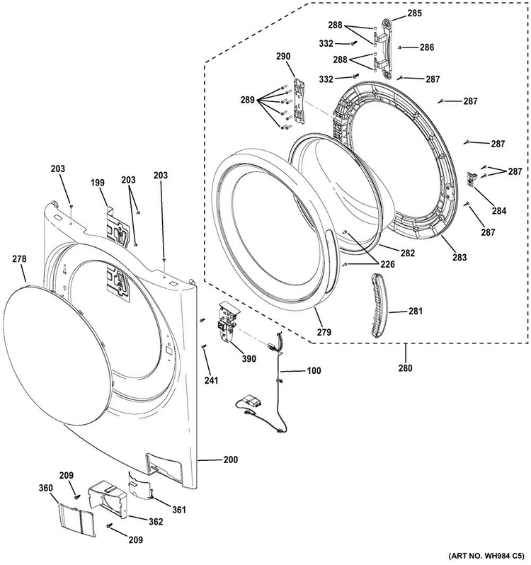 Front Panel & Door Diagram and Parts List for GFWR4805F3RR  General Electric Washer