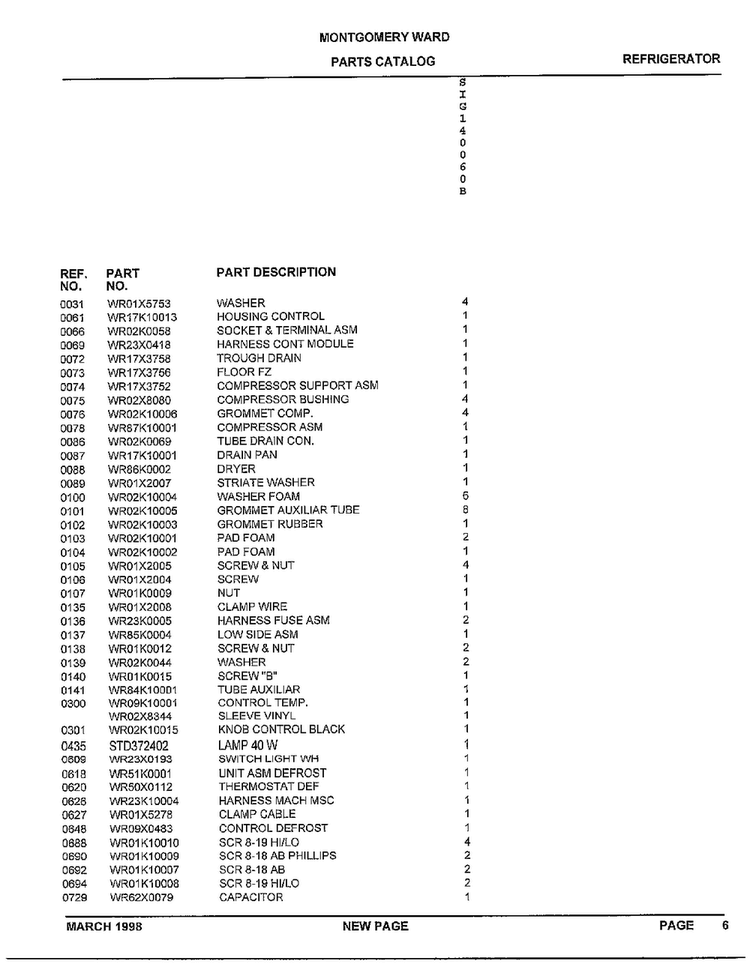 Unit Parts Page 2 Diagram and Parts List for SIG140060B  General Electric Refrigerator