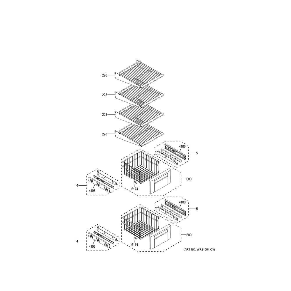 Freezer Shelves Diagram and Parts List for CSB48WP2NMS1  General Electric Refrigerator