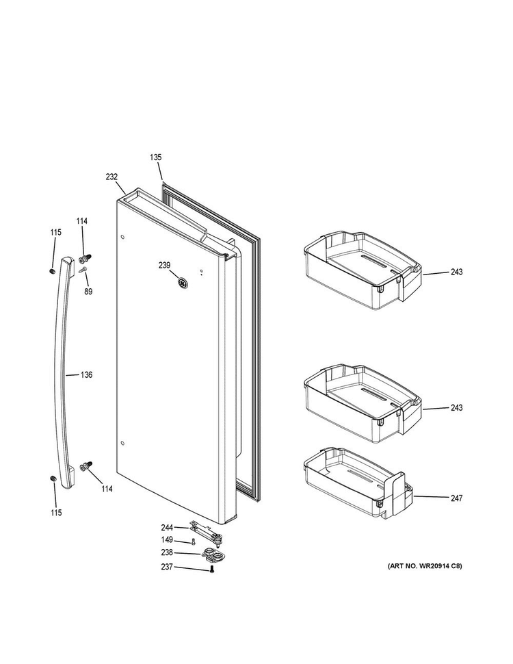 Fresh Food Door - Rh Diagram and Parts List for GFE26GGKFBB  General Electric Refrigerator