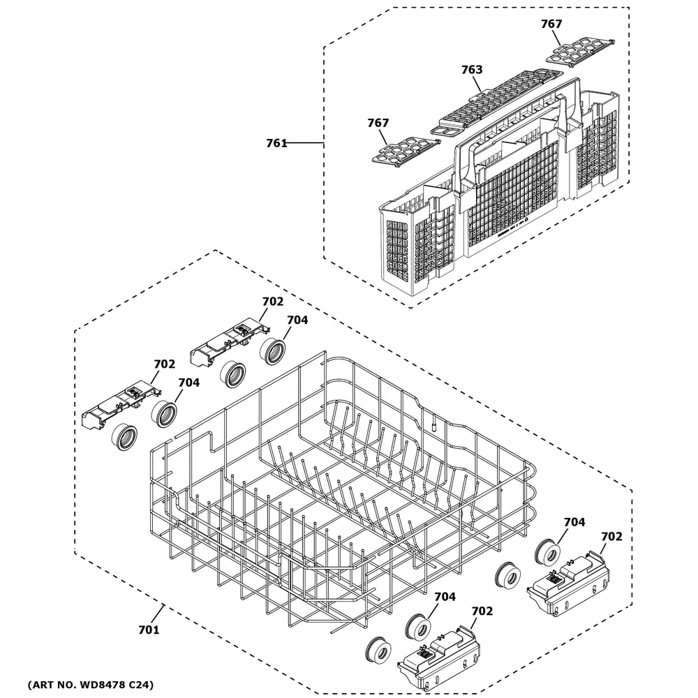 Lower Rack Assembly Diagram and Parts List for GDF650SMV3ES  General Electric Dishwasher