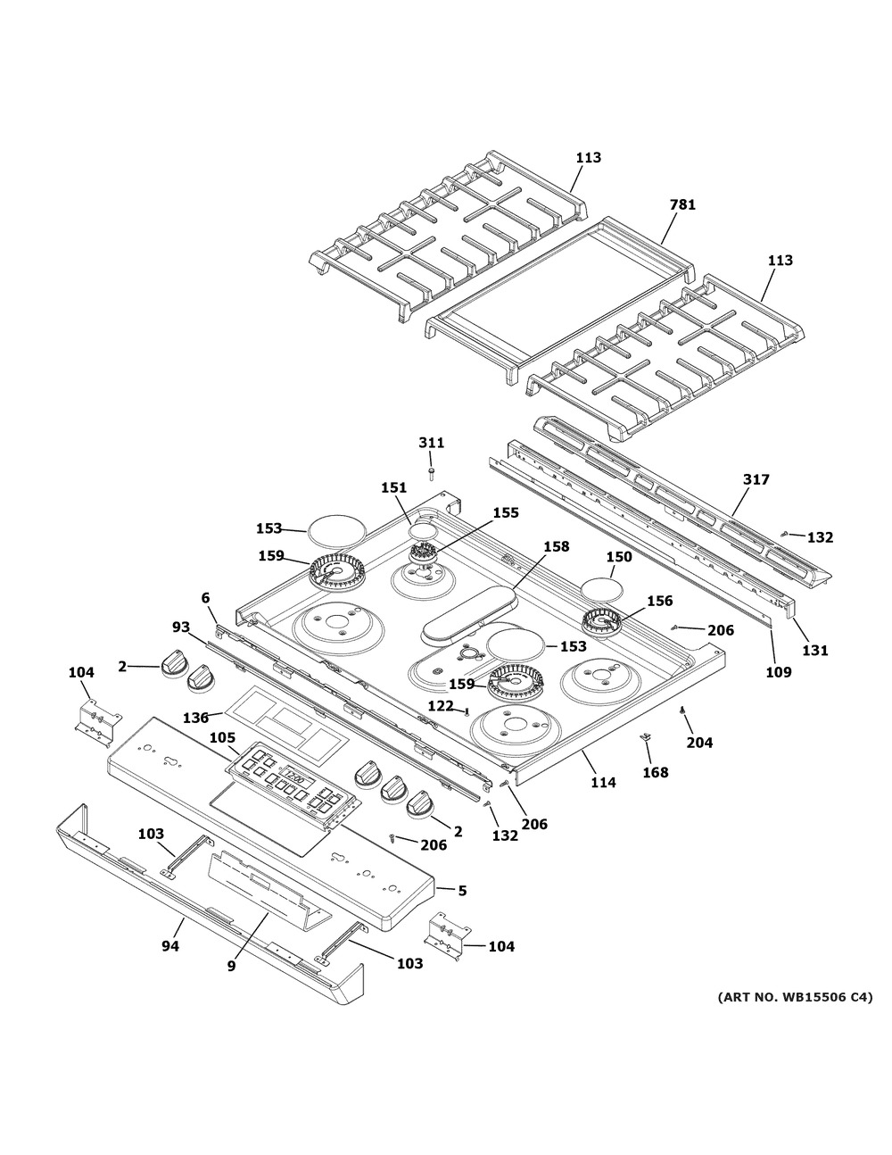 Control Panel And Cooktop Diagram and Parts List for JGSS66FEL3DS  General Electric Range