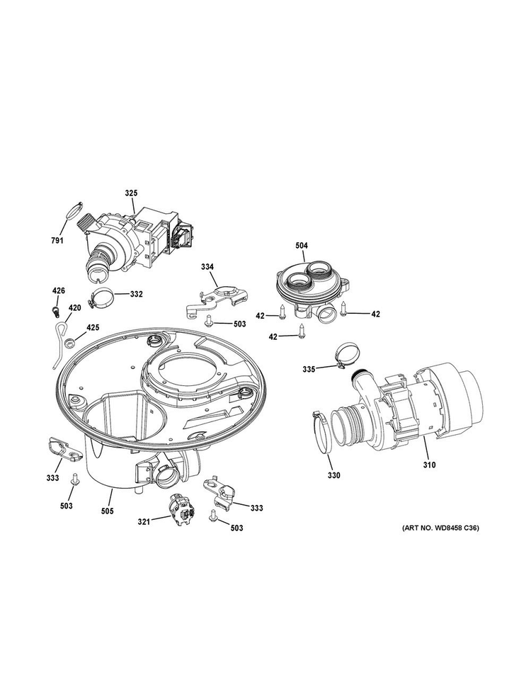 Sump & Motor Mechanism Diagram and Parts List for DDT575SGF7BB  General Electric Dishwasher