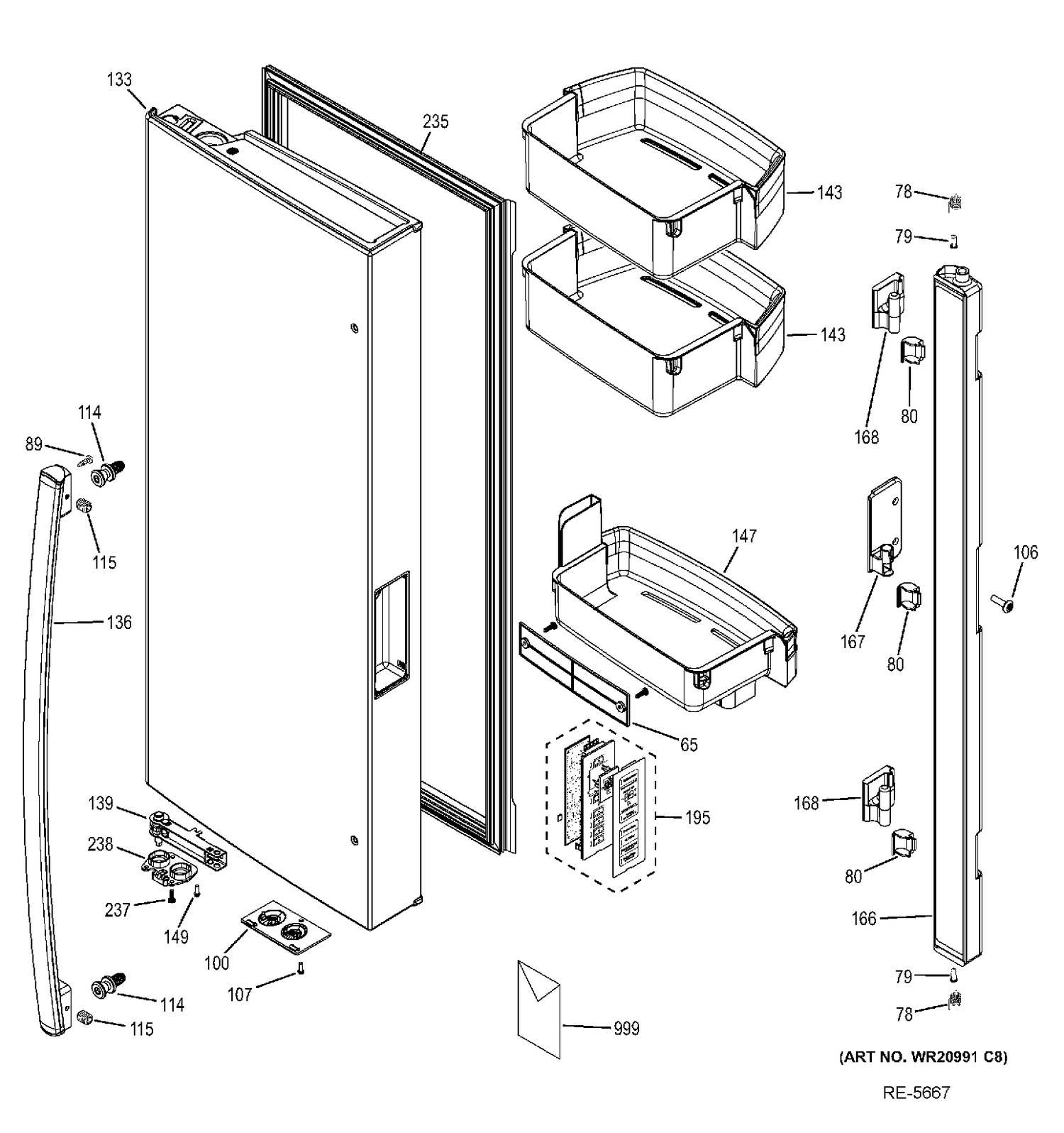 FF DOOR - LH Diagram and Parts List for PWE23KMDCES  General Electric Refrigerator