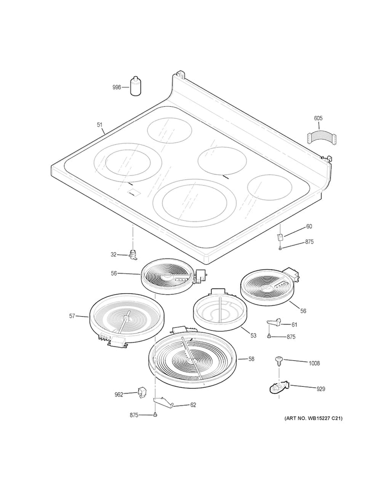 Cooktop Diagram and Parts List for JB655DK1BB  General Electric Range