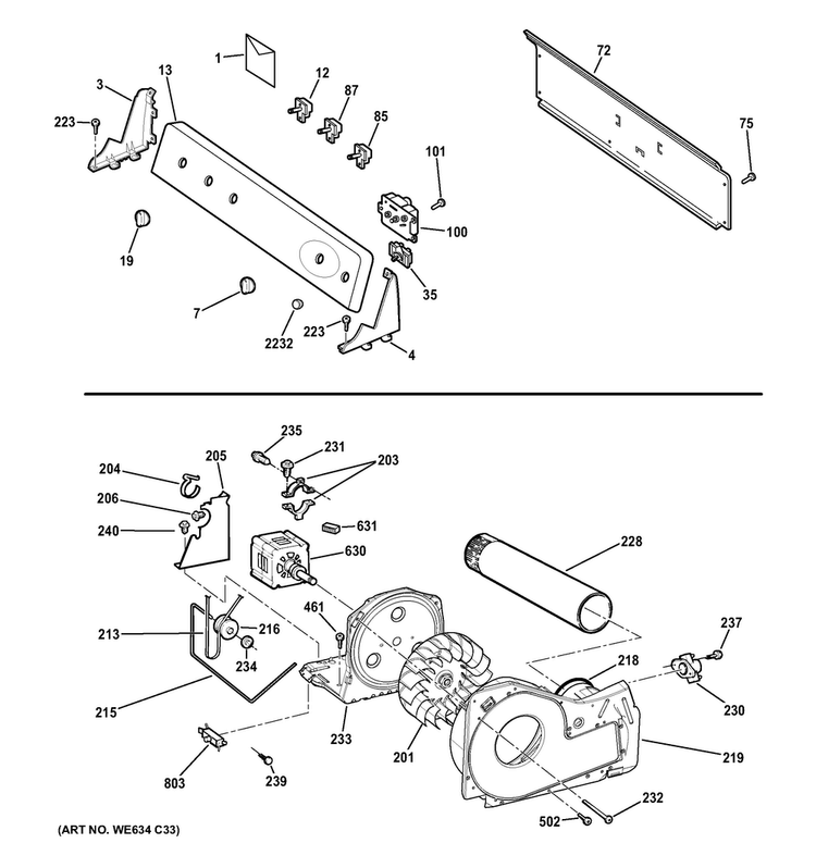 Backsplash, Blower & Motor Assembly Diagram and Parts List for GTDP280EH3WS  General Electric Dryer