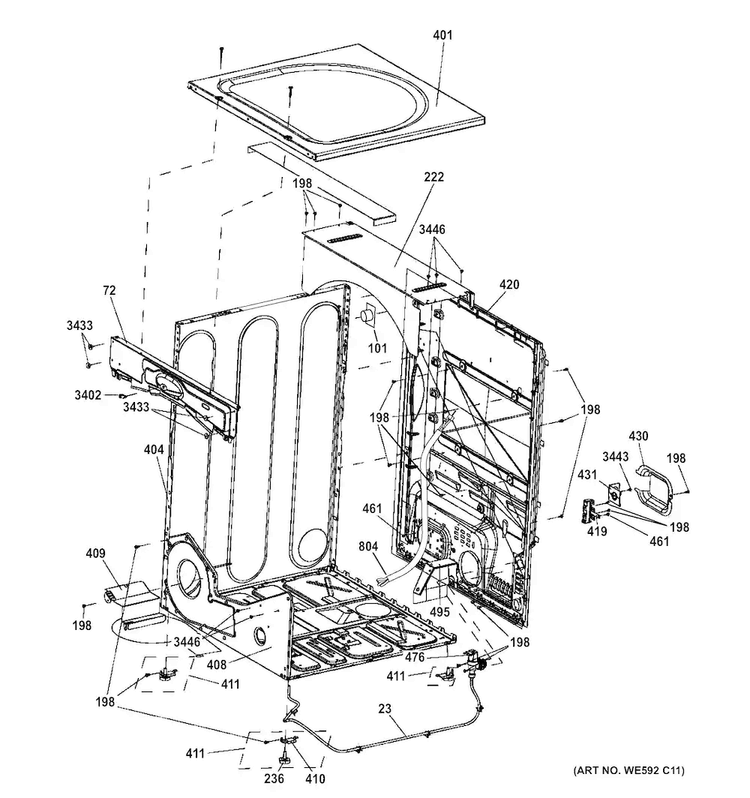 Cabinet & Top Panel Diagram and Parts List for GFD45ESSK0WW  General Electric Dryer