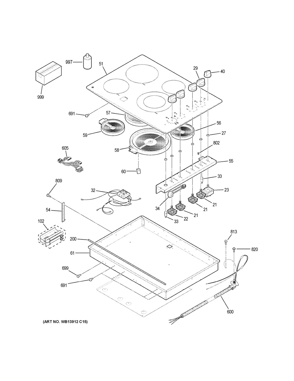Control Panel & Cooktop Diagram and Parts List for JP3530DJ4BB  General Electric Cooktop