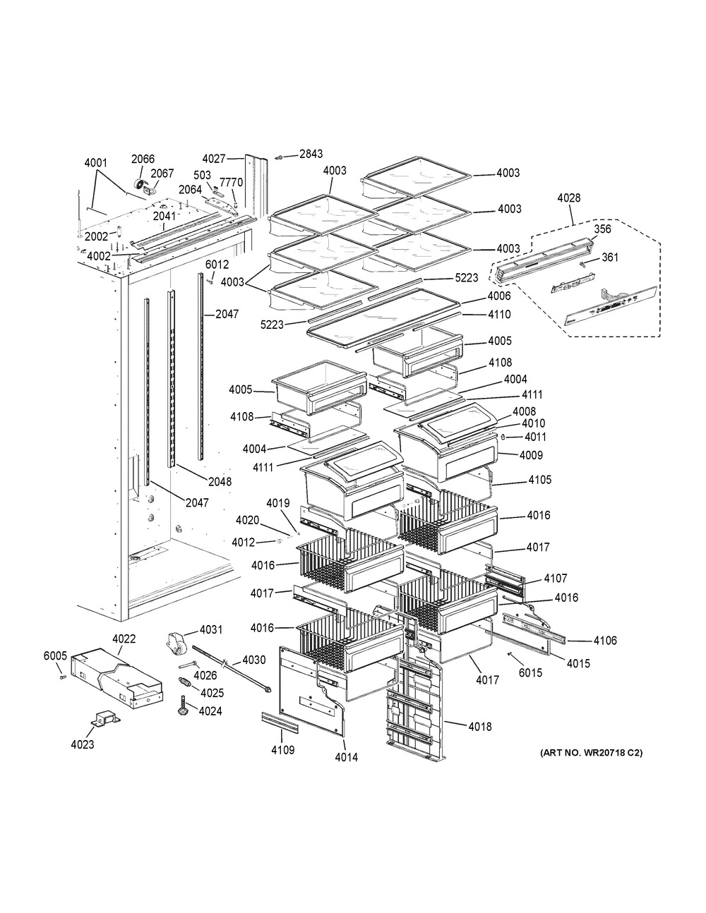 Shelves & Drawers Diagram and Parts List for ZIR360NNBLH  General Electric Refrigerator