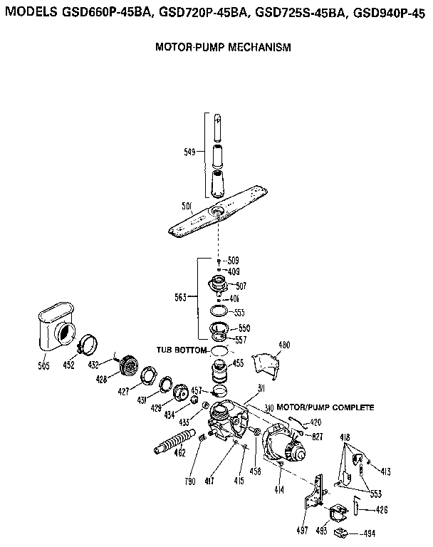 Motor-pump Mechanism Diagram and Parts List for GSD940P-45  General Electric Dishwasher