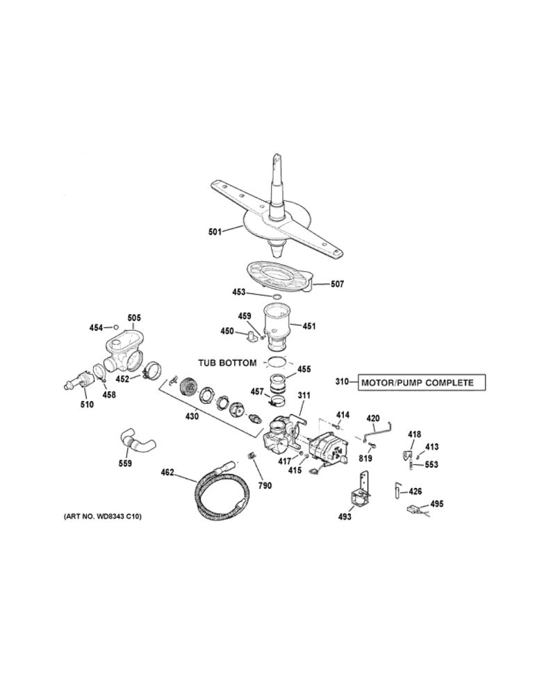 Motor-Pump Mechanism Diagram and Parts List for GSD3301K70WW  General Electric Dishwasher
