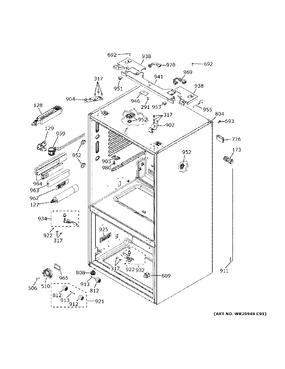 Case parts Diagram and Parts List for CFE28UP2MES1  General Electric Refrigerator