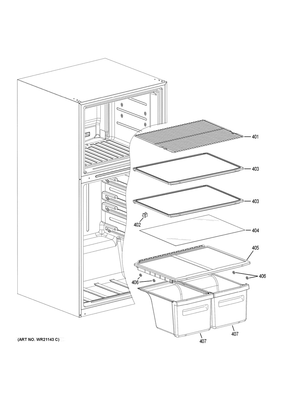 Shelves & Drawers Diagram and Parts List for HRT18RCPW1  General Electric Refrigerator