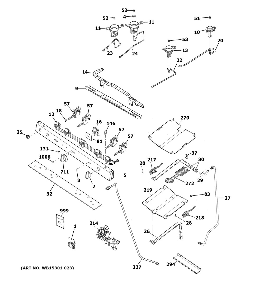 Gas & Burner Parts Diagram and Parts List for JGB450DEK3WW  General Electric Range