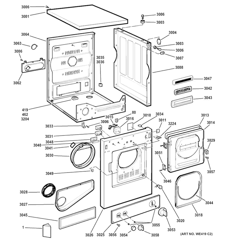 Backsplash, Cabinet & Front Panel Diagram and Parts List for DSKS433EB5WW  General Electric Dryer