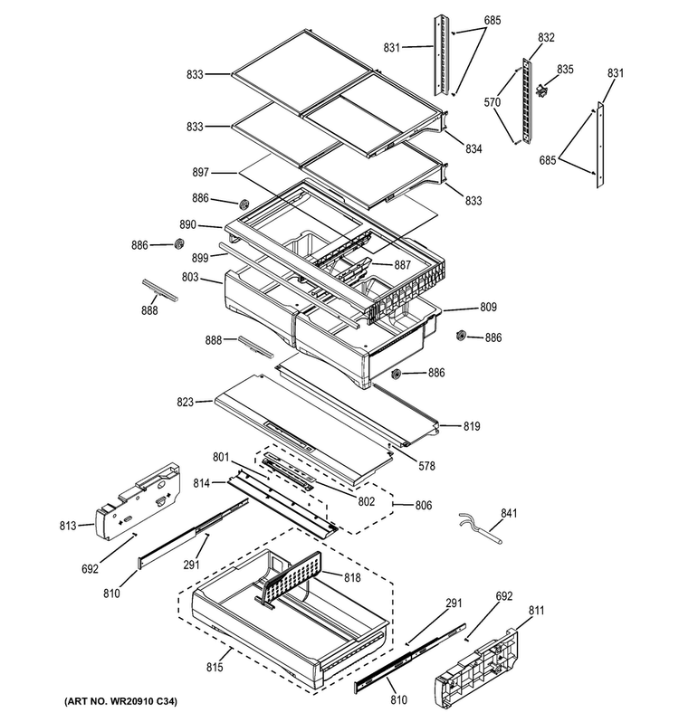 Fresh Food Shelves Diagram and Parts List for GFE28HGHFBB  General Electric Refrigerator