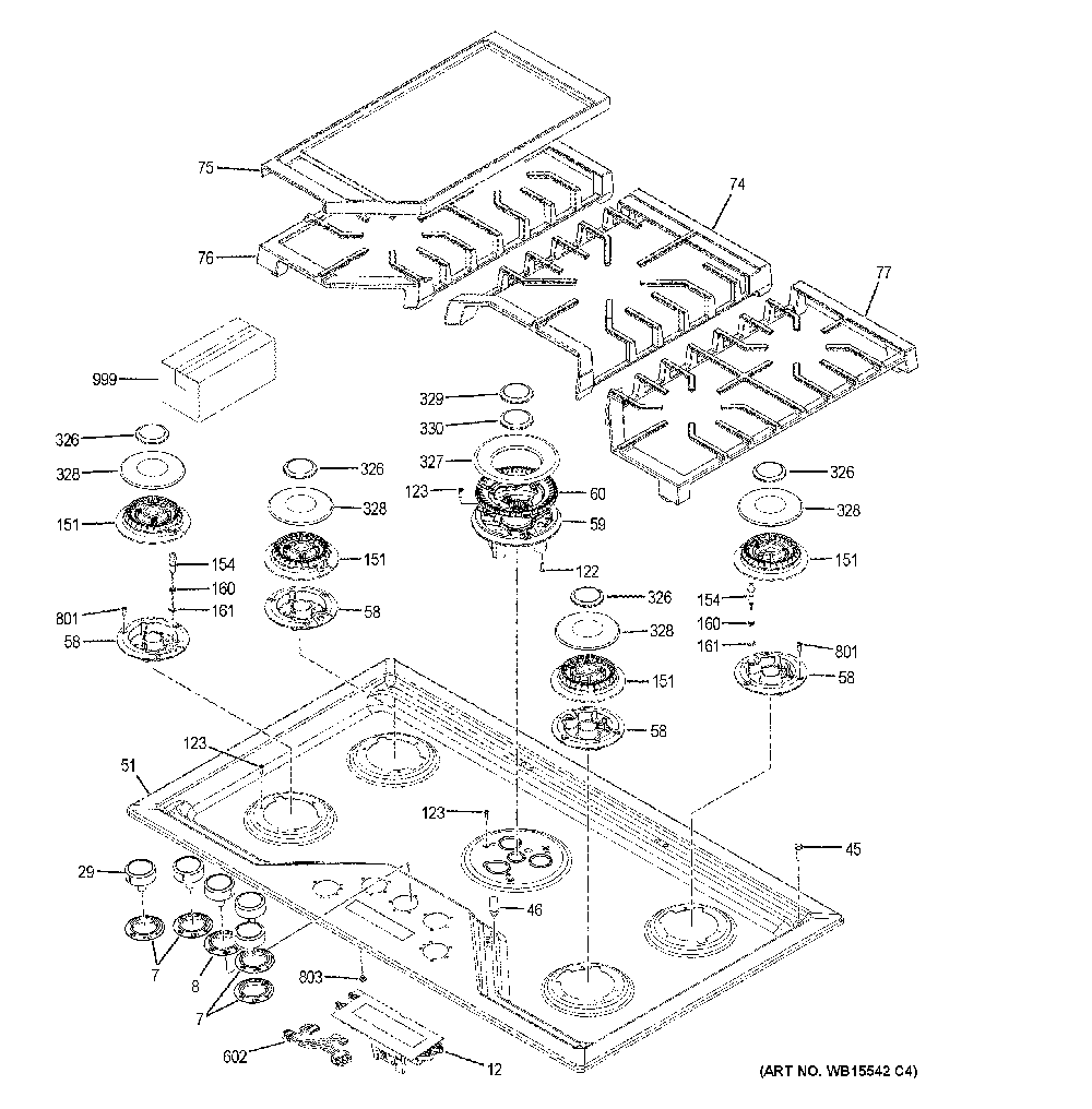 Control panel & cooktop Diagram and Parts List for ZGU36ESL2SS  General Electric Cooktop