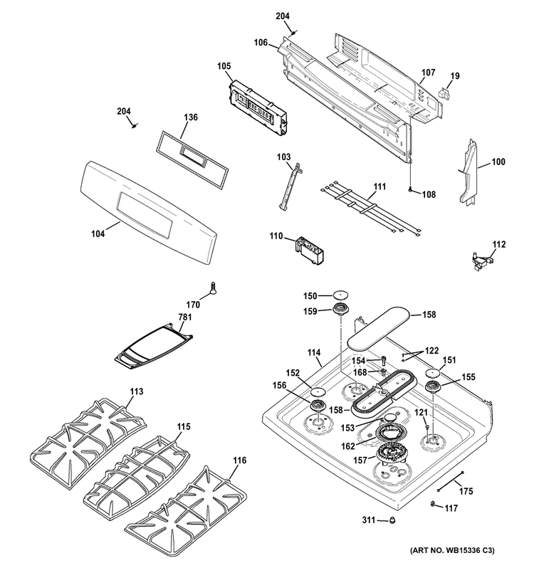 Control Panel & Cooktop Diagram and Parts List for PGB920SEF2SS  General Electric Range