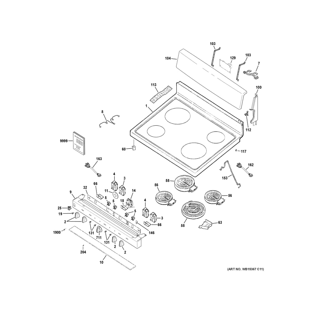 Control Panel And Cooktop Diagram and Parts List for JB480DY1WW  General Electric Range
