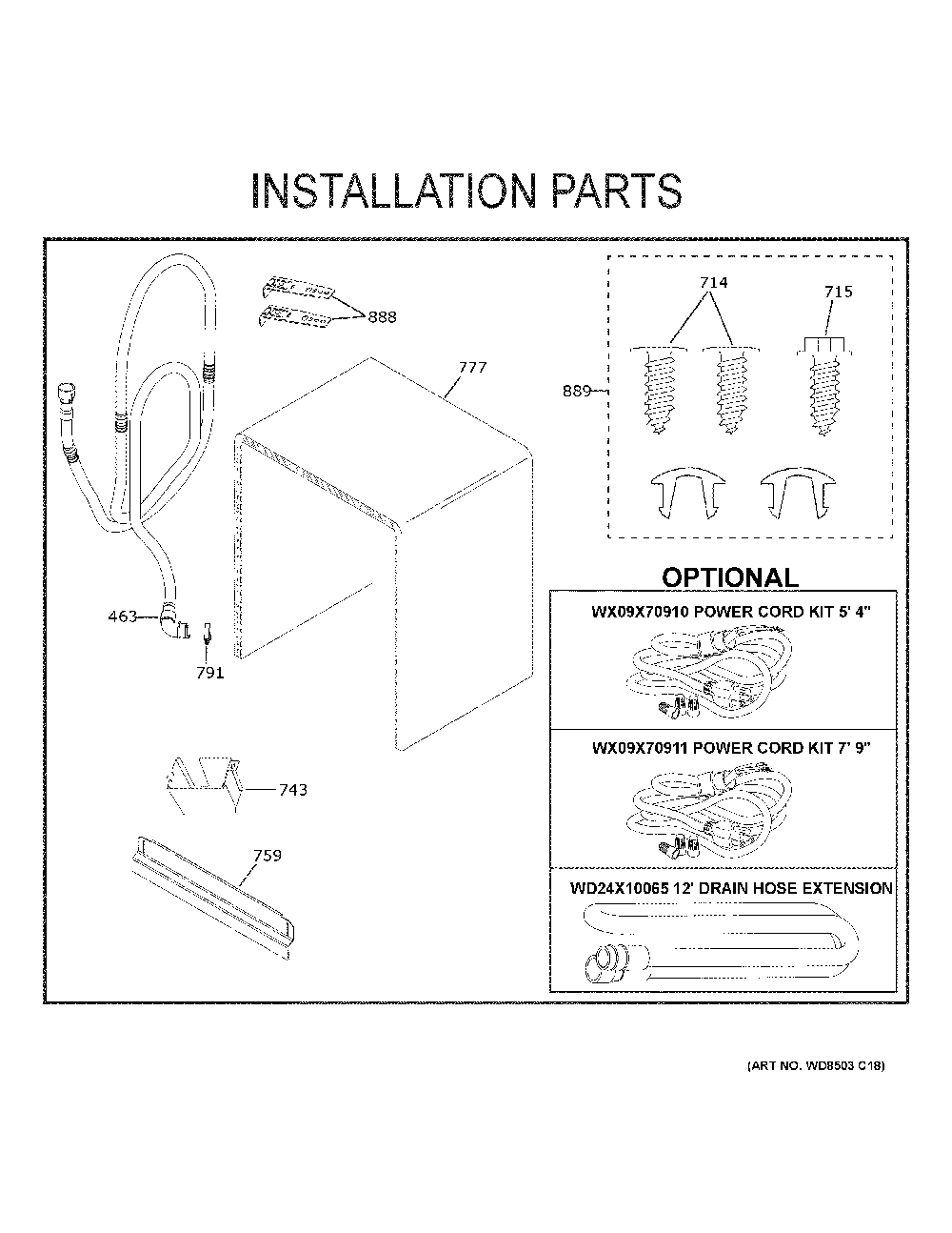 Installation Parts Diagram and Parts List for GDT550PGR3WW  General Electric Dishwasher
