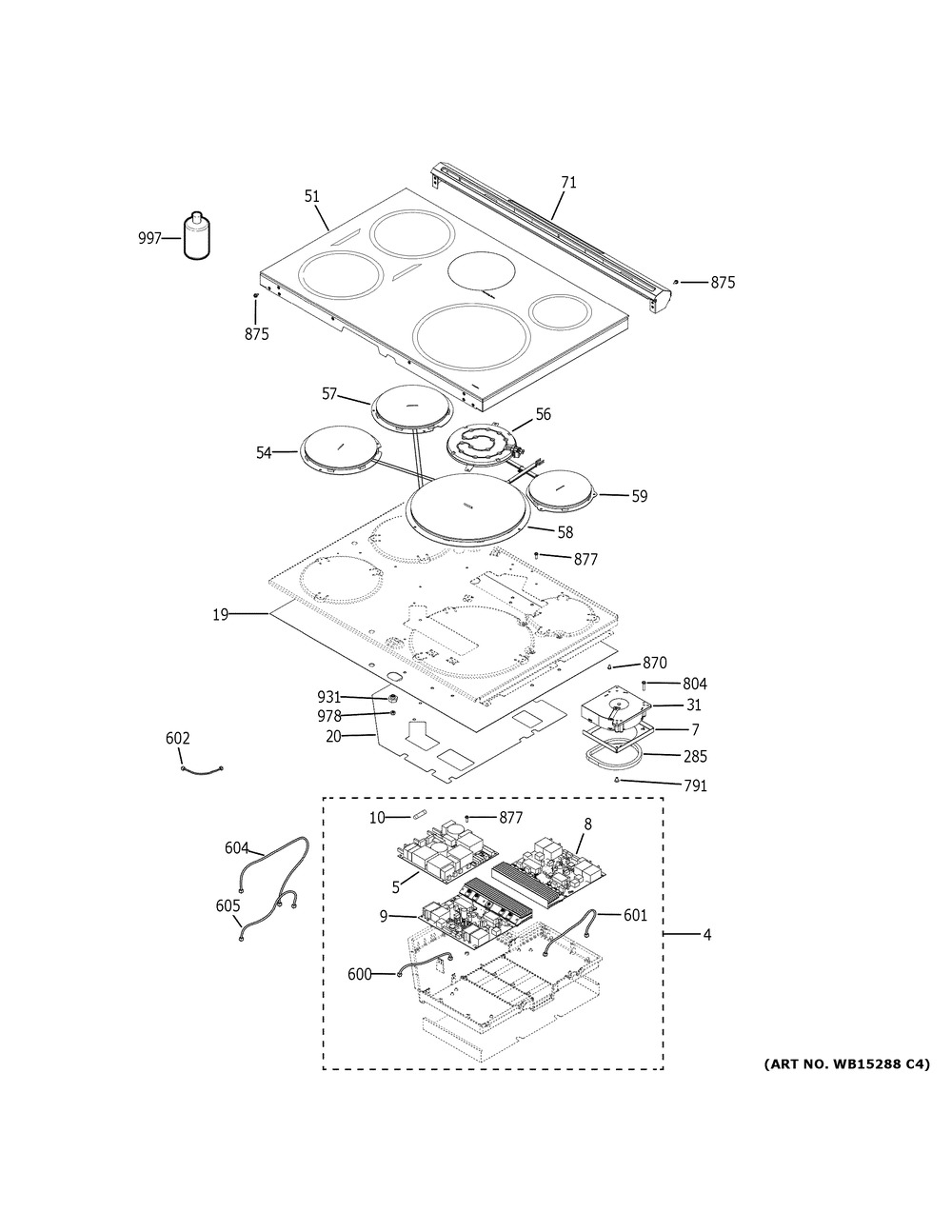 Cooktop Diagram and Parts List for PHS930BL4TS  General Electric Range