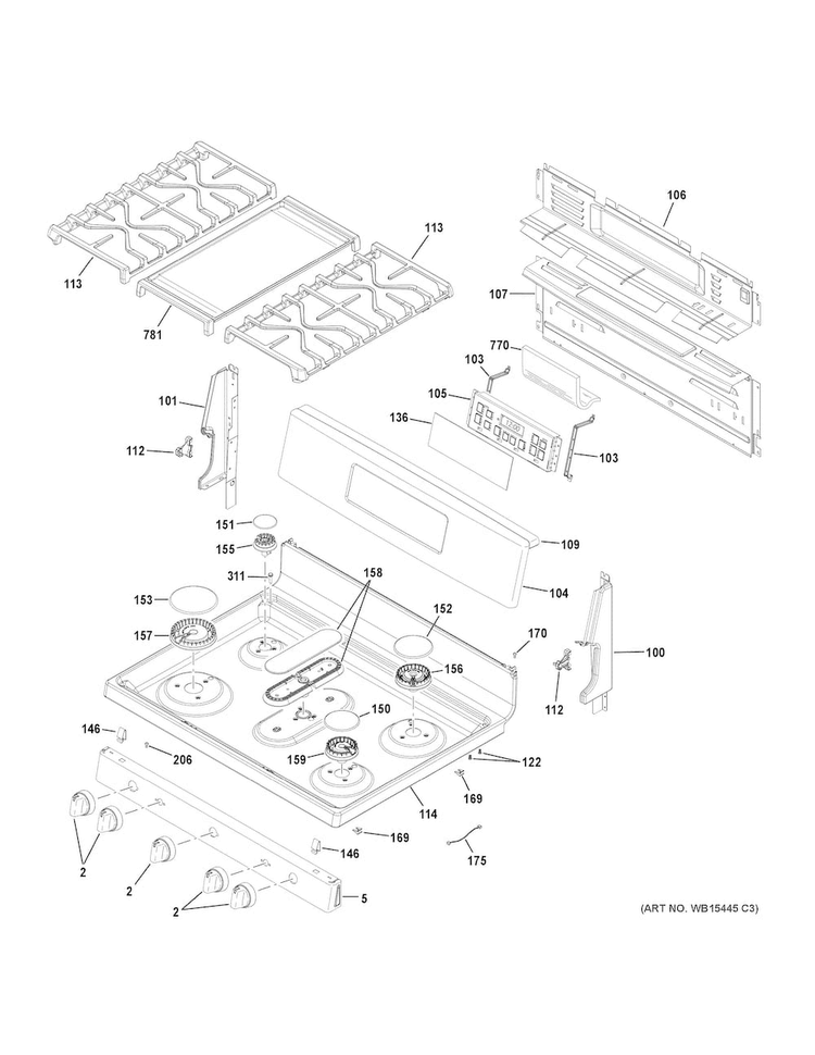 Control Panel & Cooktop Diagram and Parts List for JGB700SEJ2SS  General Electric Range