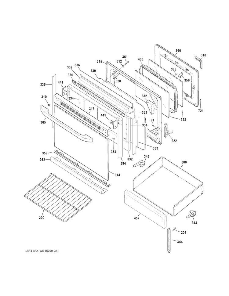 Door & Drawer Parts Diagram and Parts List for JB450DF1BB  General Electric Range