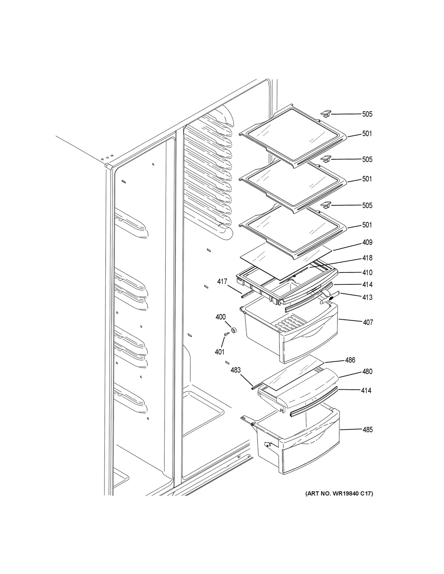 FRESH FOOD SHELVES Diagram and Parts List for GSS25GGHHCWW  General Electric Refrigerator