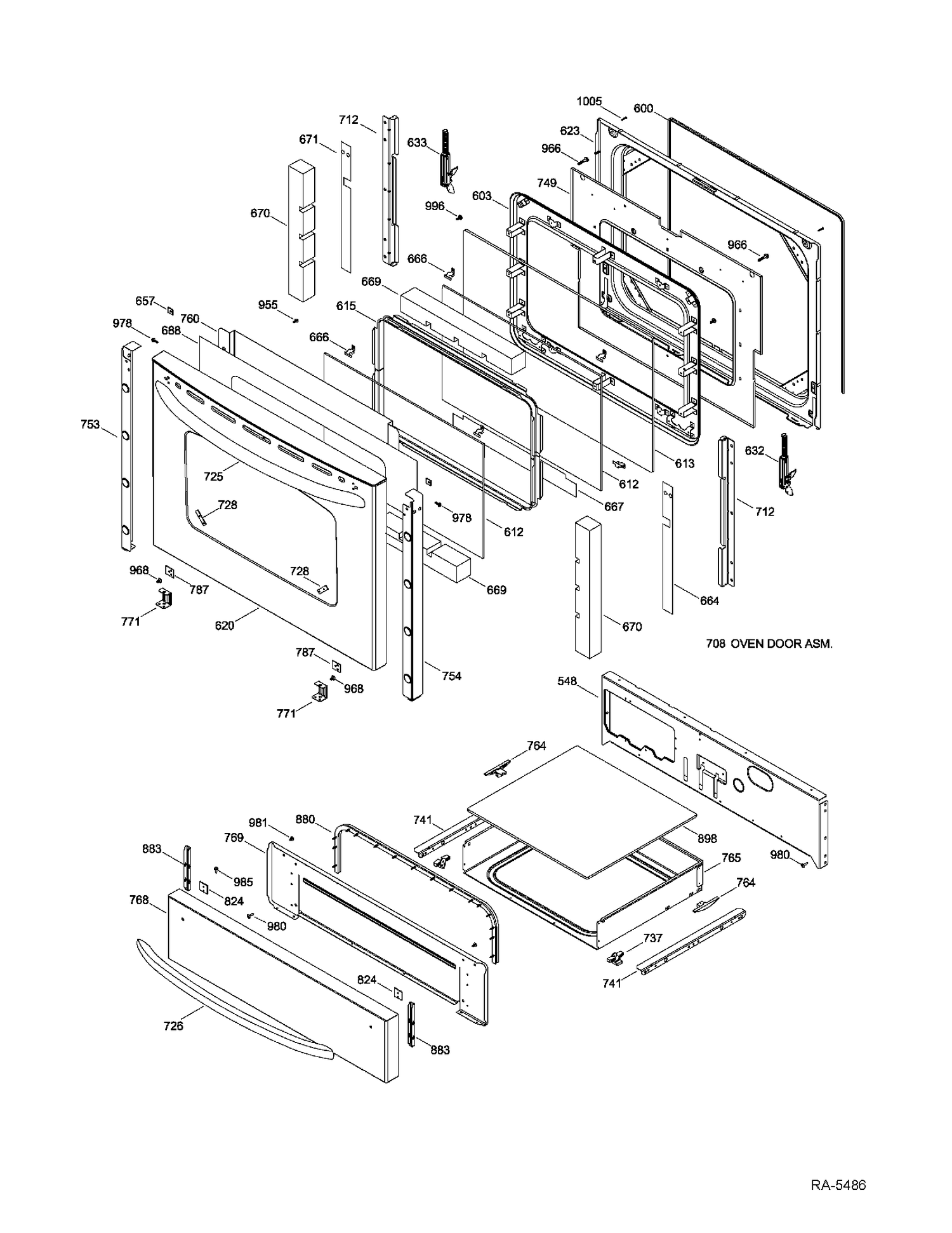DOOR & DRAWER Diagram and Parts List for JCSP42SR2SS  General Electric Range