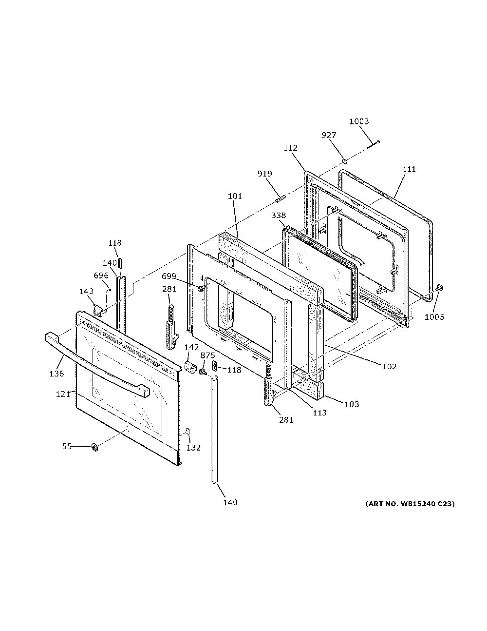 Door Diagram and Parts List for JB258RM3SS  General Electric Range
