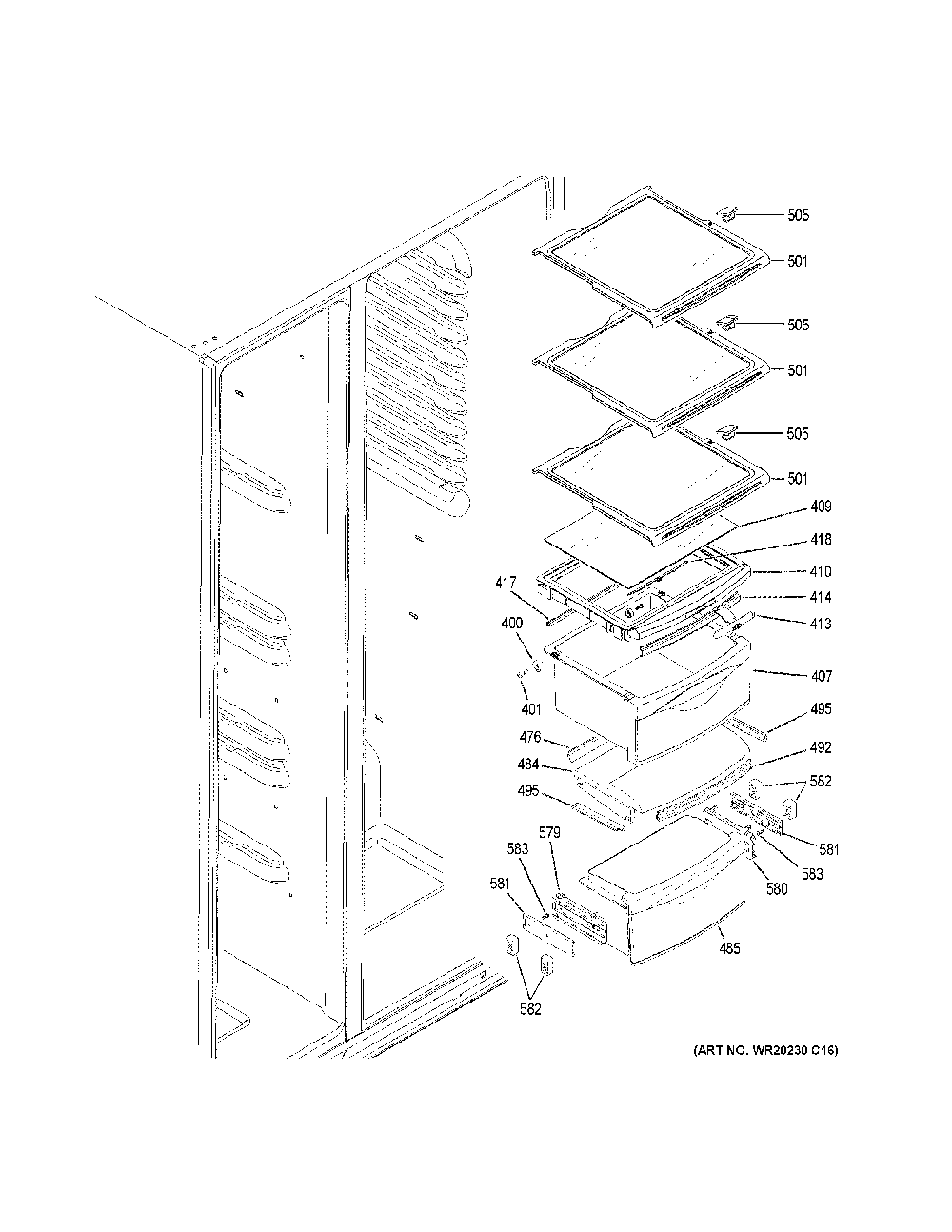Fresh food shelves Diagram and Parts List for GZS22DSJPFSS  General Electric Refrigerator