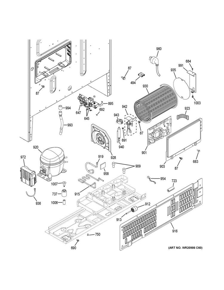 Machine Compartment Diagram and Parts List for PWE23KGDGWW  General Electric Refrigerator