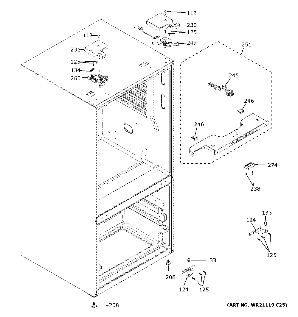 Case parts Diagram and Parts List for GYE18JBLNFTS  General Electric Refrigerator