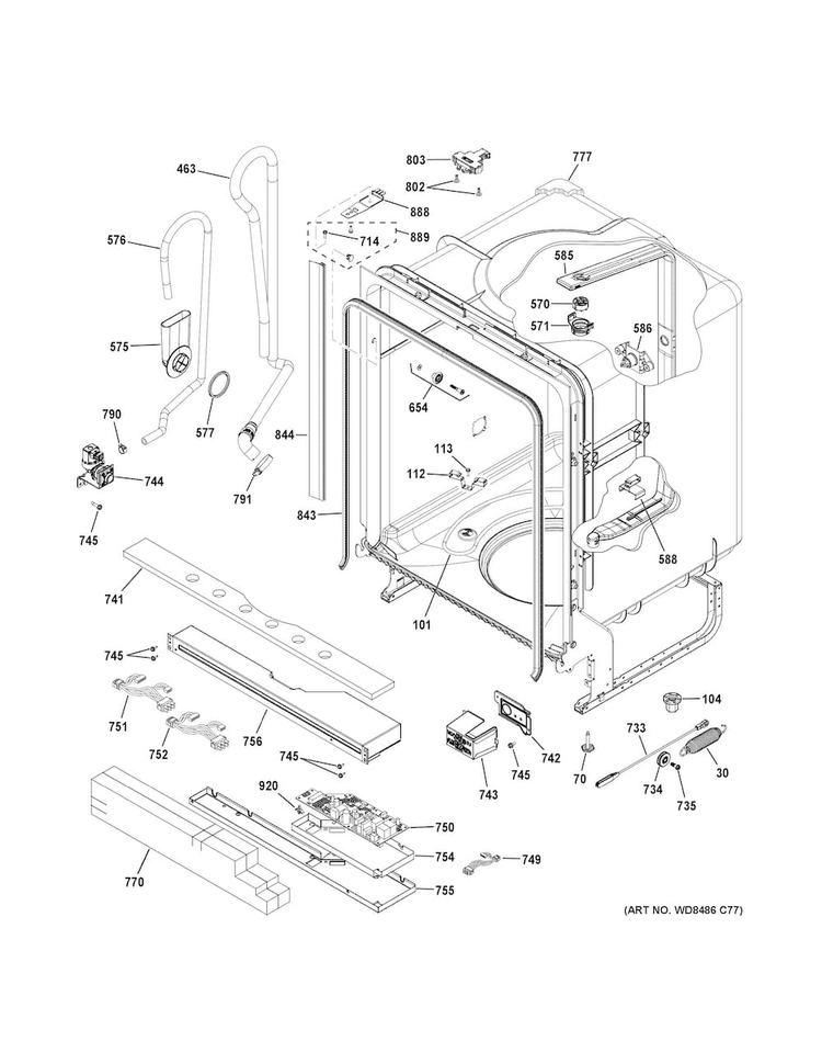 Body Parts Diagram and Parts List for GDT635HSJ0SS  General Electric Dishwasher