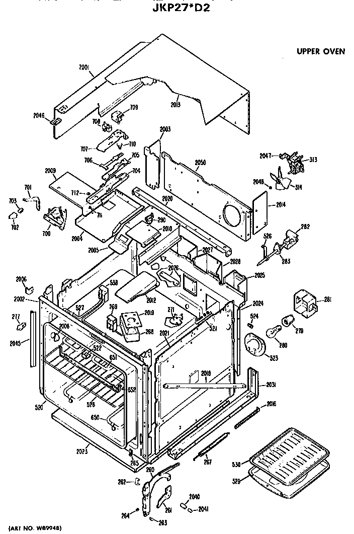 Upper Oven Diagram and Parts List for JKP27*D2  General Electric Wall Oven