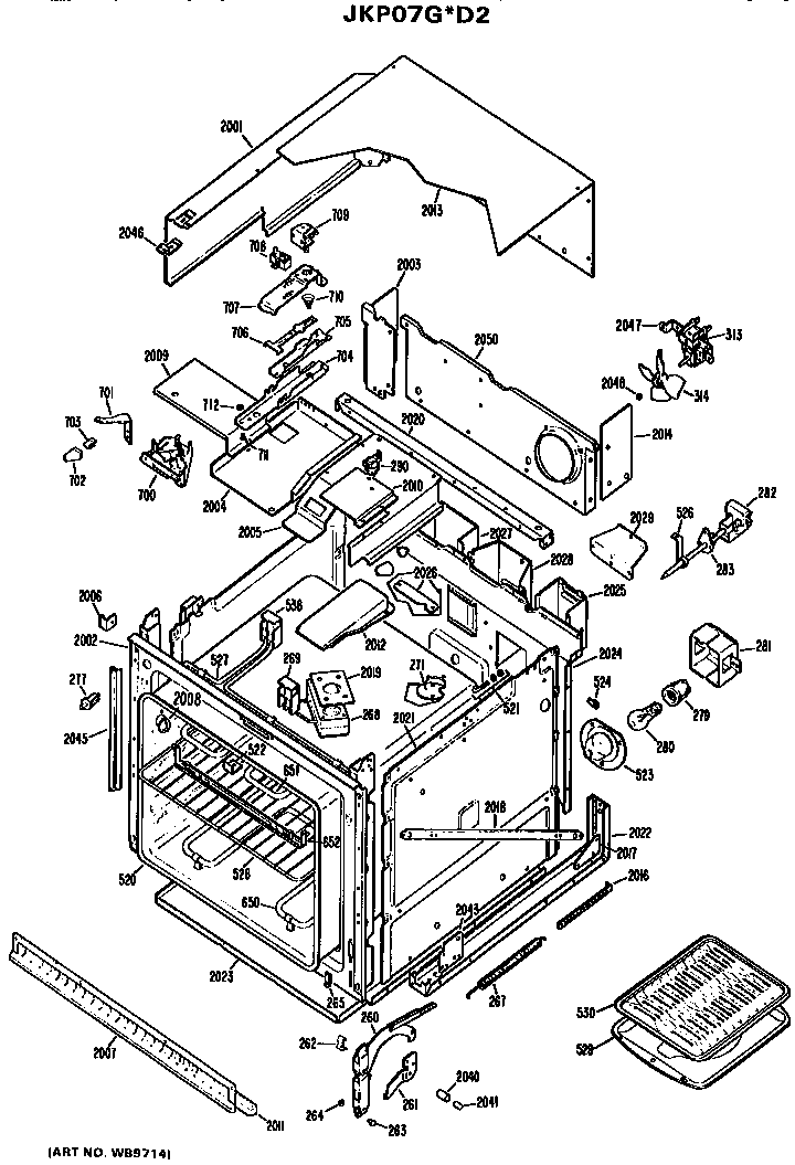 Main Body Diagram and Parts List for JKP07G*D2  General Electric Wall Oven