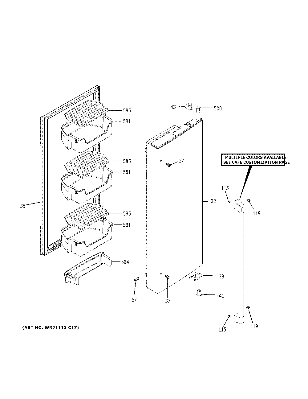 Fresh food door - rh Diagram and Parts List for CFE26KP2NLS1  General Electric Refrigerator