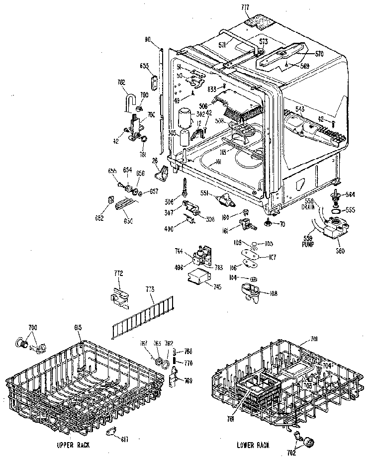 Tub Assembly Diagram and Parts List for 1200L02  General Electric Dishwasher