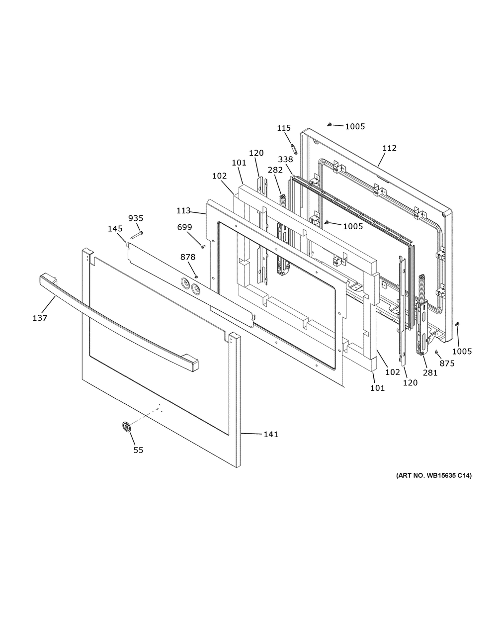 Lower Door Diagram and Parts List for PTD9000SN6SS  General Electric Wall Oven