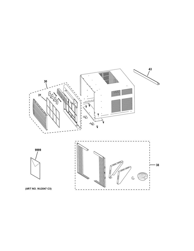 Grille & Chassis Parts Diagram and Parts List for AHH18DWH1  General Electric Air Conditioner