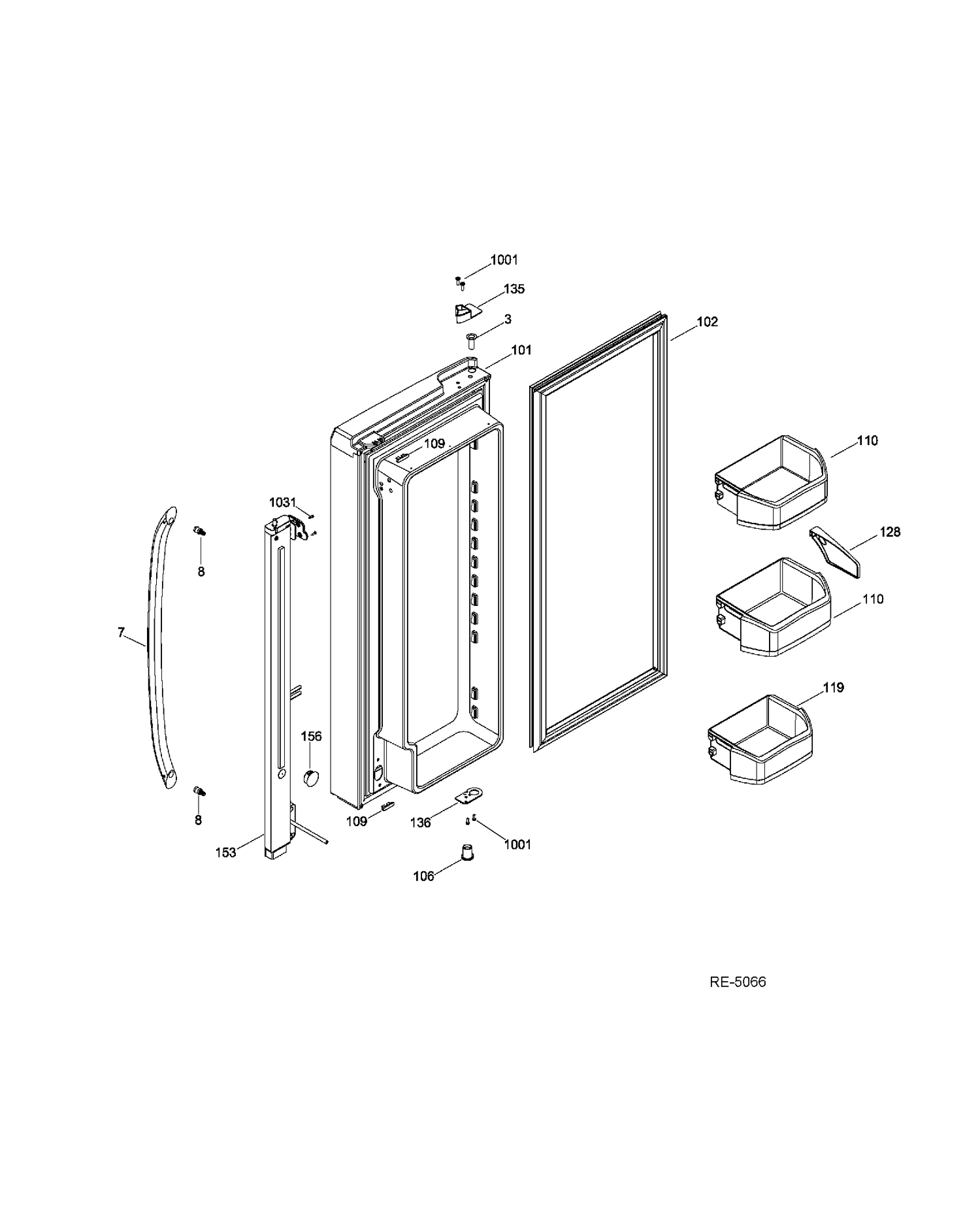 FF DOOR LEFT Diagram and Parts List for GFRS2KBYCSS  General Electric Refrigerator