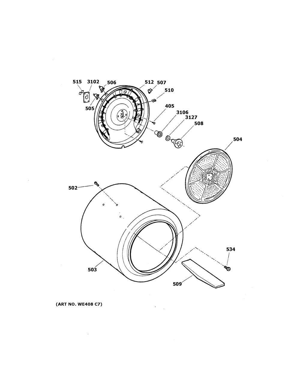 Drum Diagram and Parts List for DWSR483EB2WW  General Electric Dryer