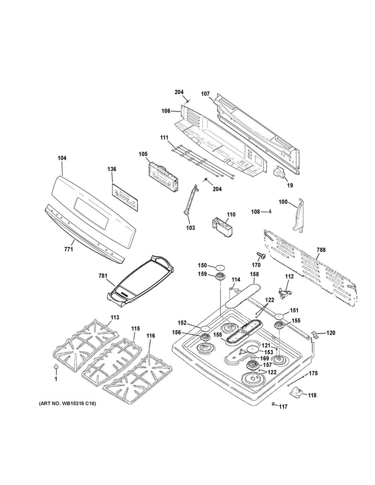 Control Panel & Cooktop Diagram and Parts List for JGB750EEF3ES  General Electric Range