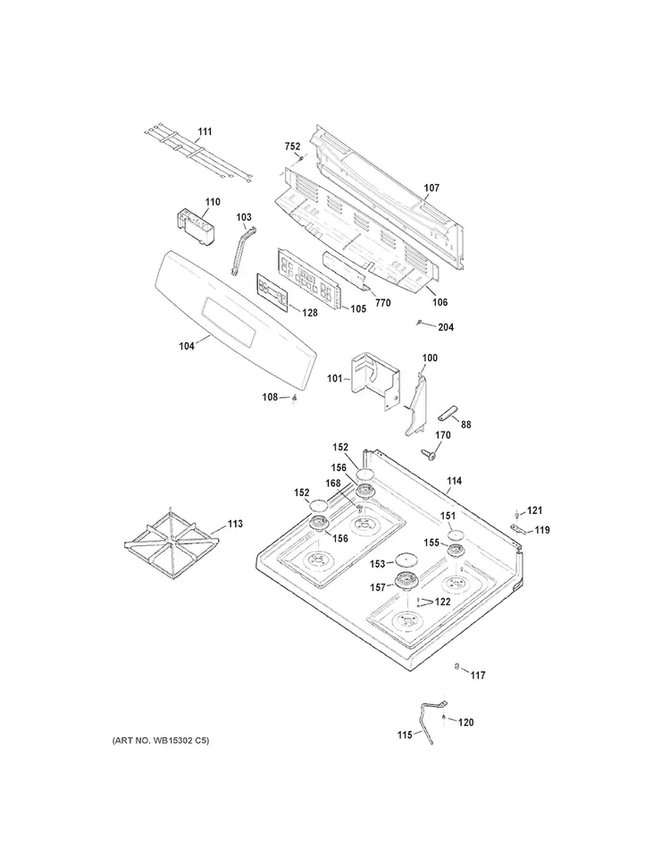 Control Panel & Cooktop Diagram and Parts List for JGB630DEF1BB  General Electric Range