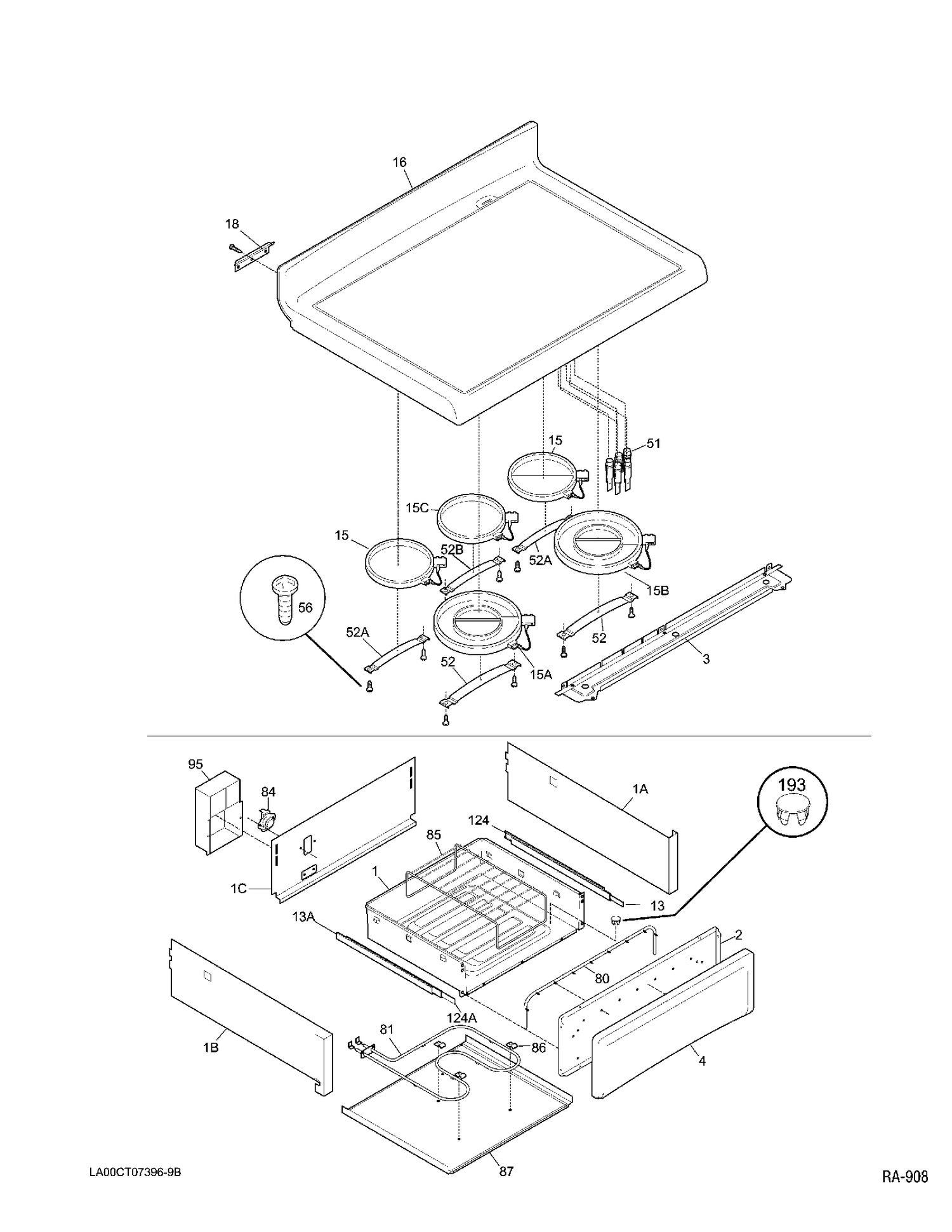 COOKTOP & DRAWER Diagram and Parts List for 14501-1  General Electric Range