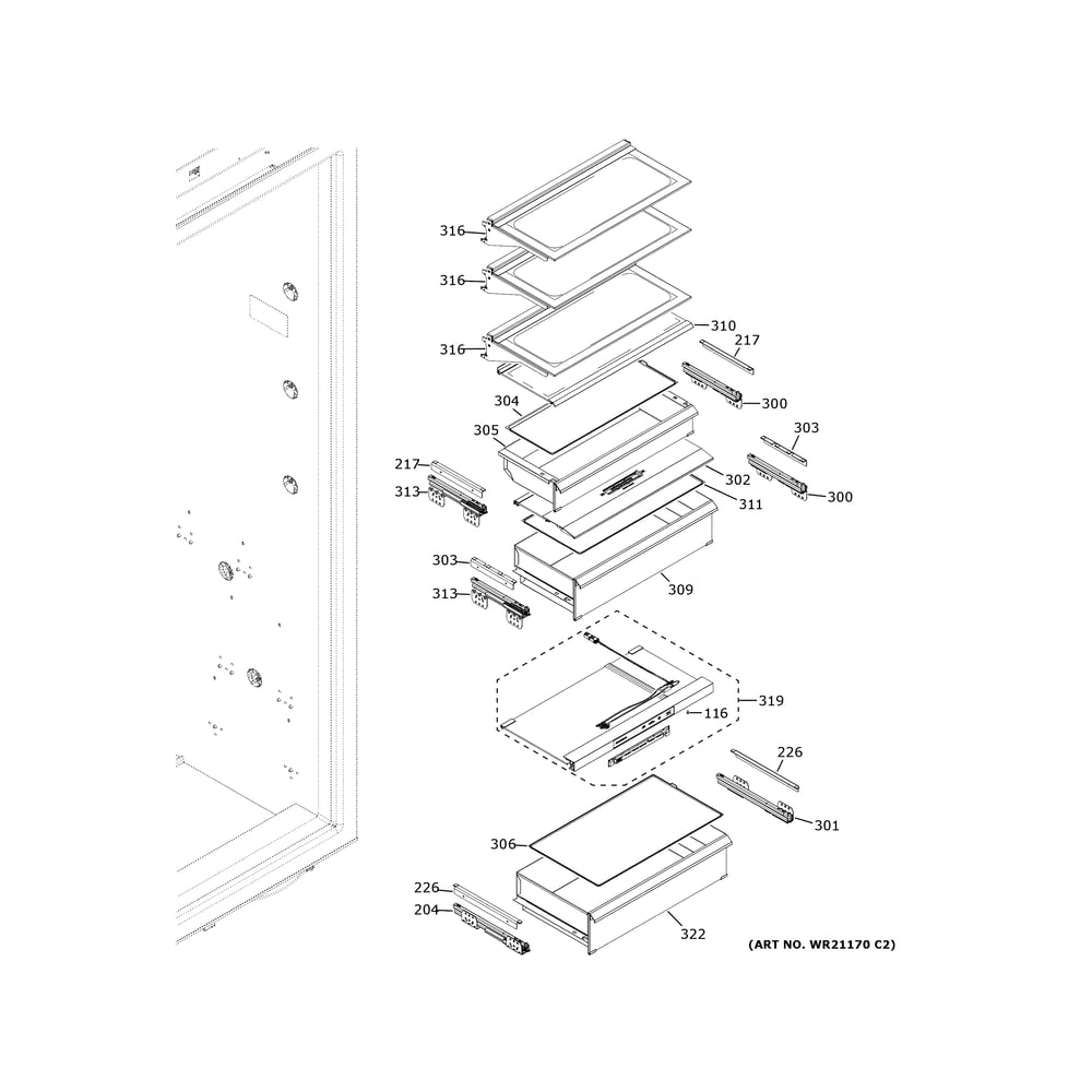 Shelves & Drawers Diagram and Parts List for ZIR361NPRDII  General Electric Freezer