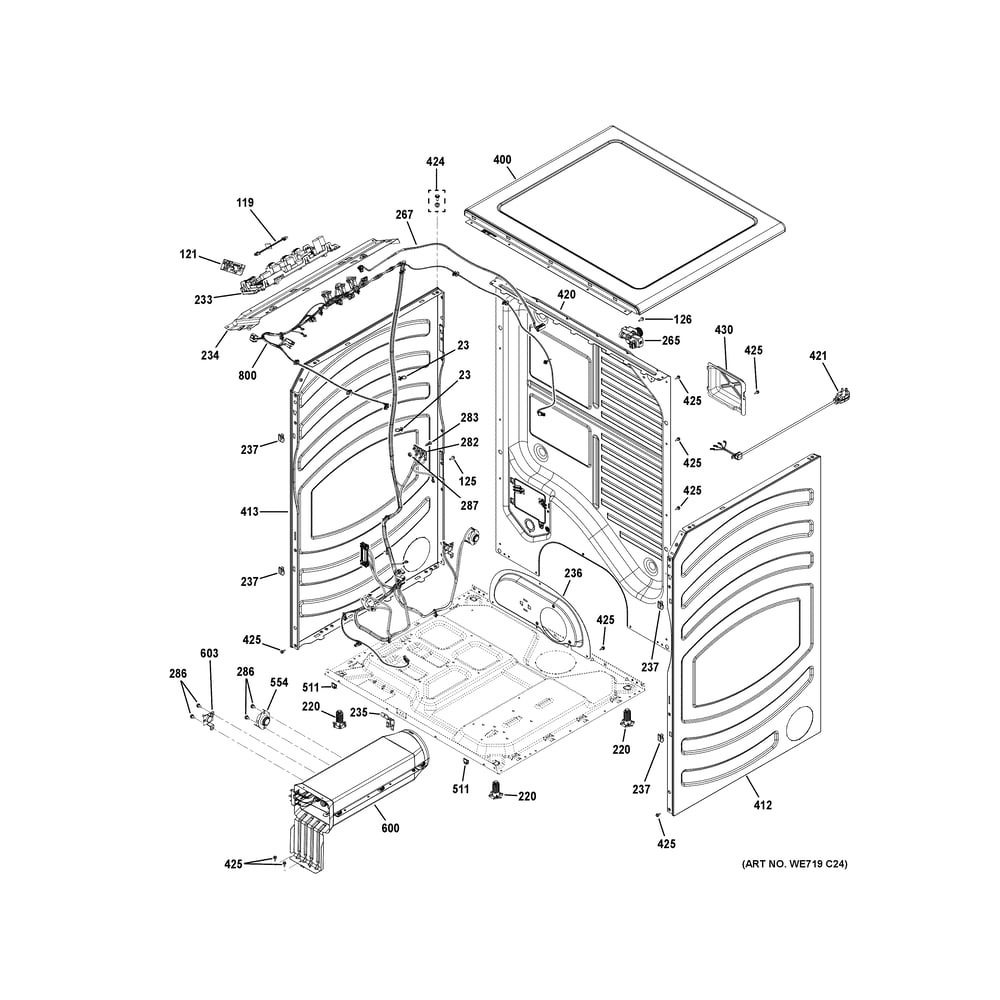 Cabinet And Top Panel Diagram and Parts List for PFD87ESMV0RS  General Electric Dryer
