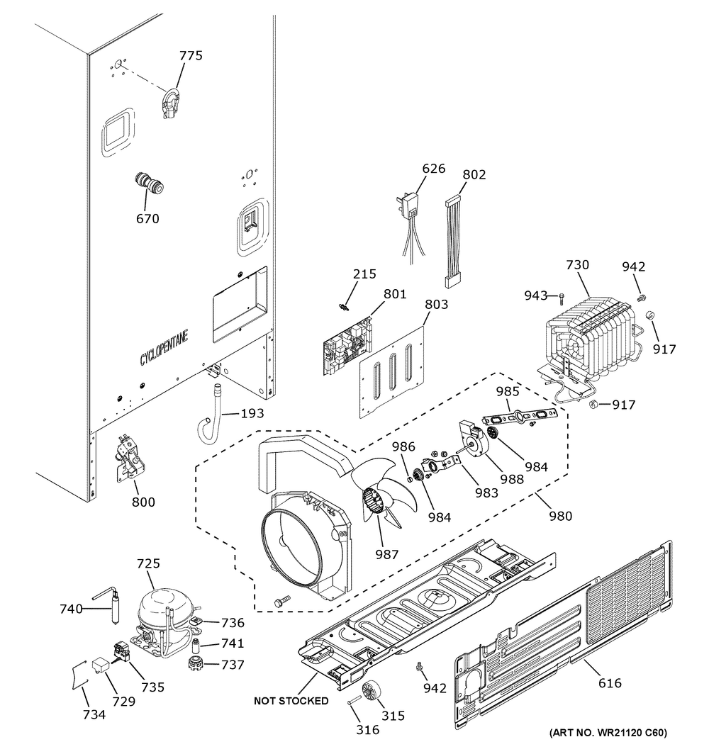 Machine Compartment Diagram and Parts List for GFE26JGMYFWW  General Electric Refrigerator
