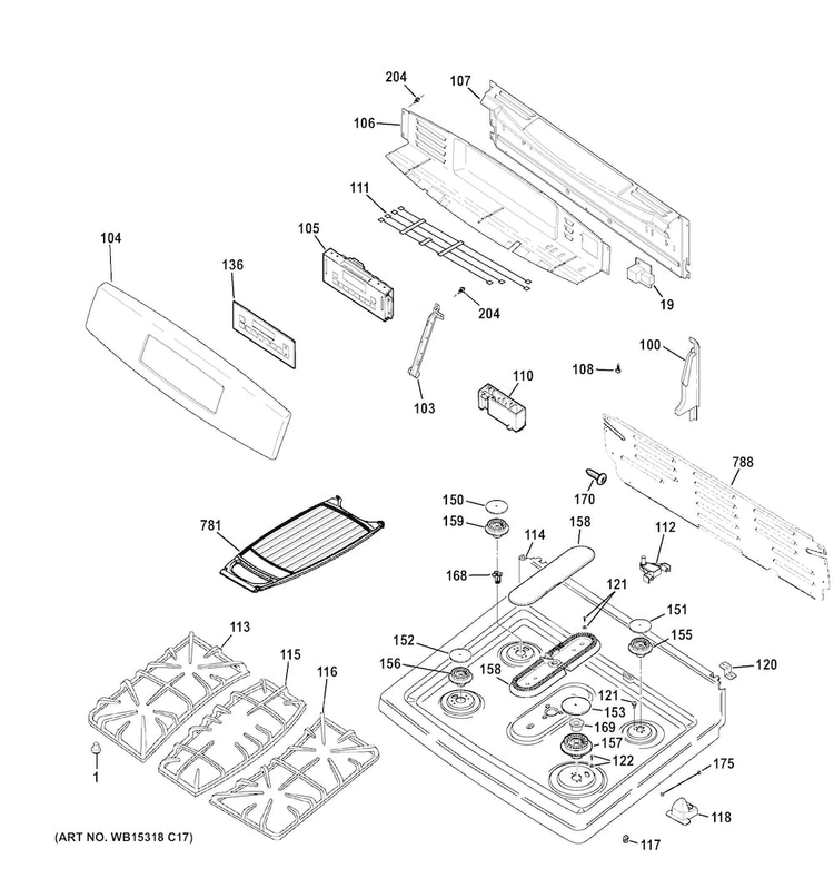 Control Panel & Cooktop Diagram and Parts List for JGB760DEF1WW  General Electric Range
