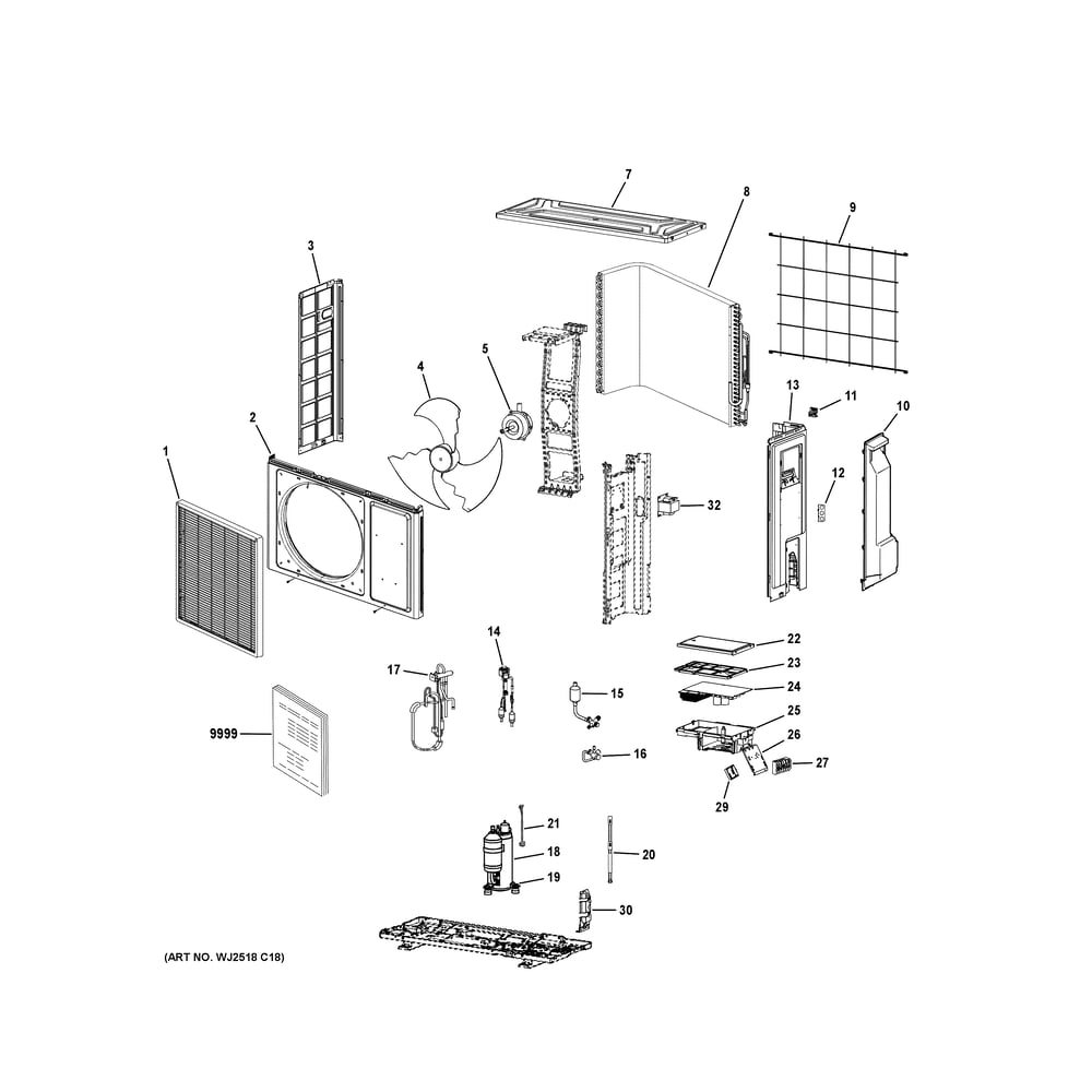 Room Air Conditioner Diagram and Parts List for 1G18CB2BEA1  General Electric Air Conditioner